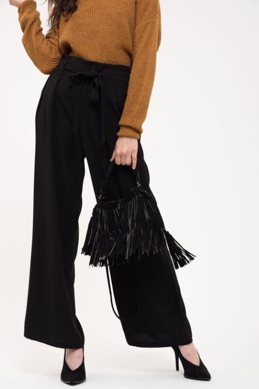 Belted Woven Paperbag Pants | Black Wide Leg Pants