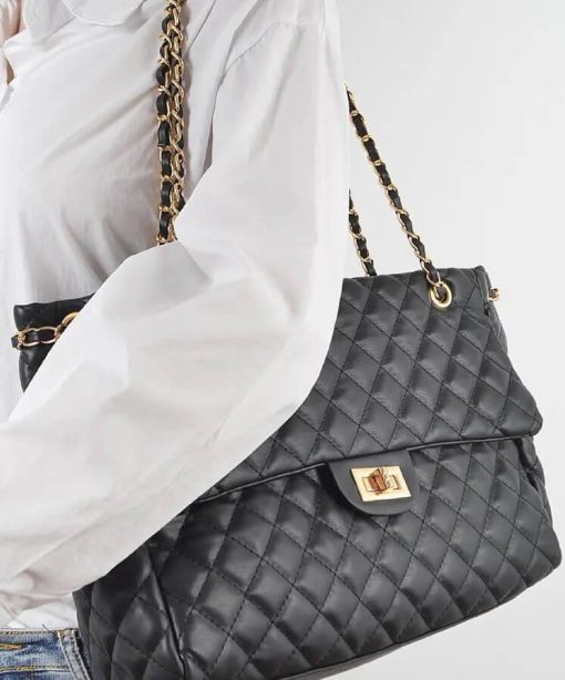 Black Quilted Chain Shoulder Bag - Image 4