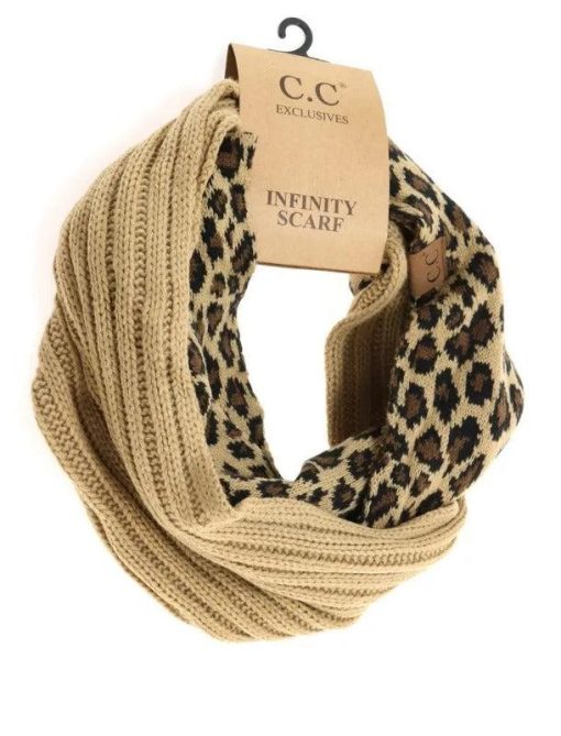 CC Beanie Ribbed Knit 2-Tone Leopard Print Infinity Scarf Scarves - Image 4