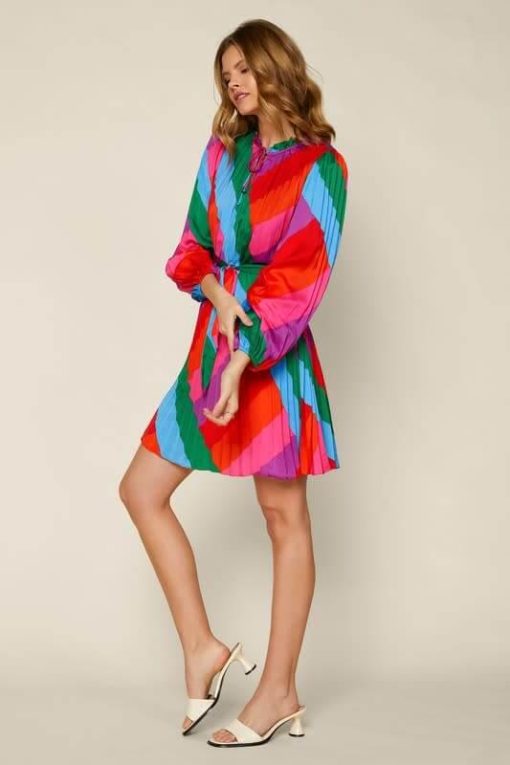 Color Block Pleated Long Sleeve Dress - Image 5