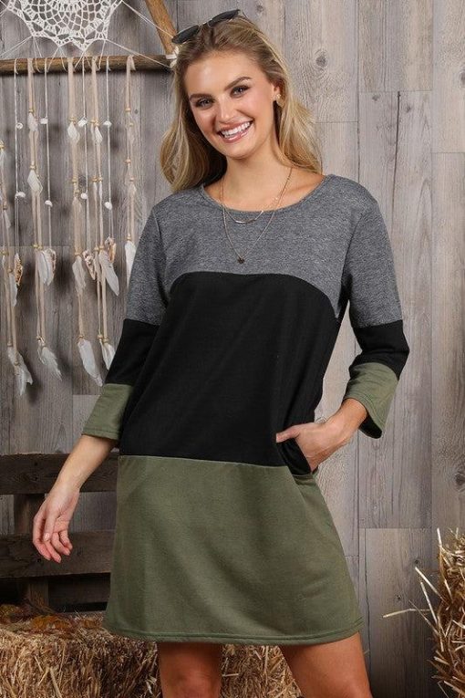 3/4 Sleeve French Terry Color Block Pocket Dress - Image 5