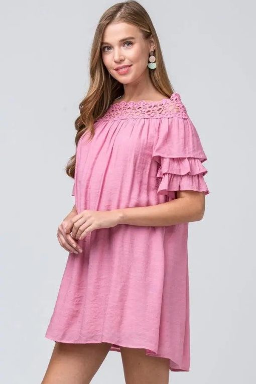 Crochet Neckline Ruffle Detail Dress