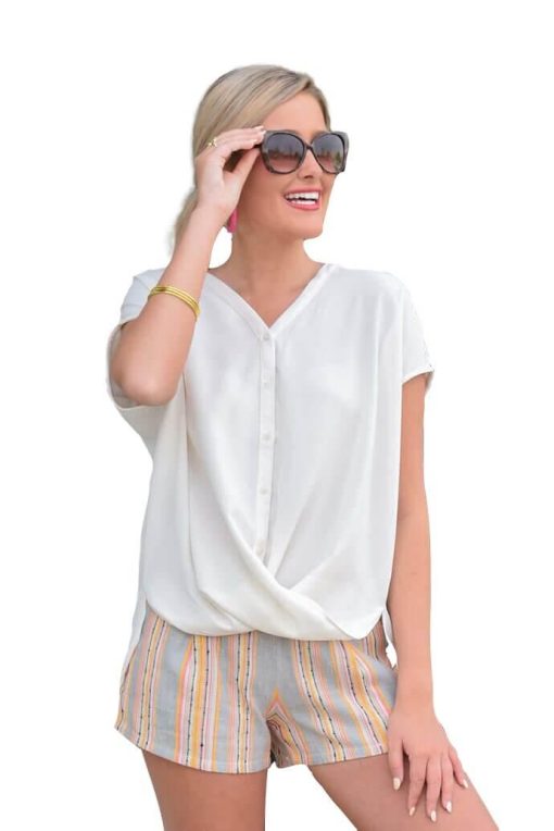 Crystal Cap-Sleeve Cross Front Button Top - Image 5