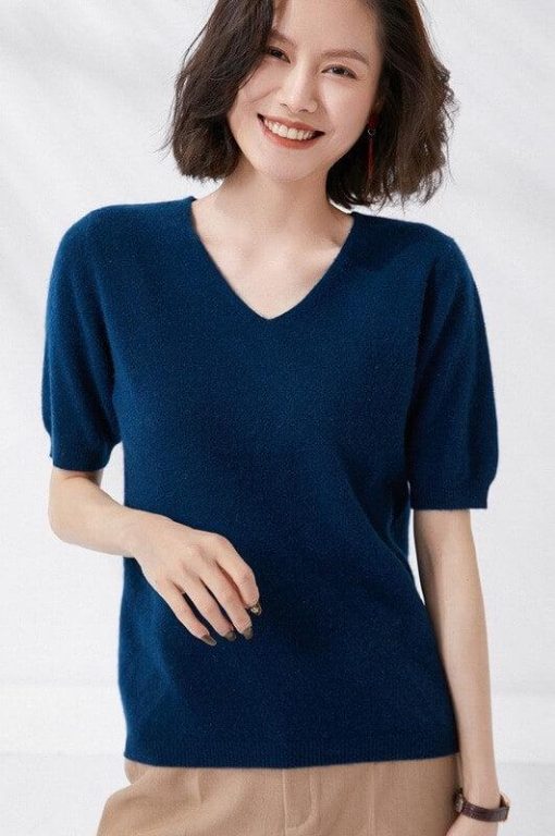 V-Neck Knit Half Sleeve Sweater | Mature Women's Basic Tops
