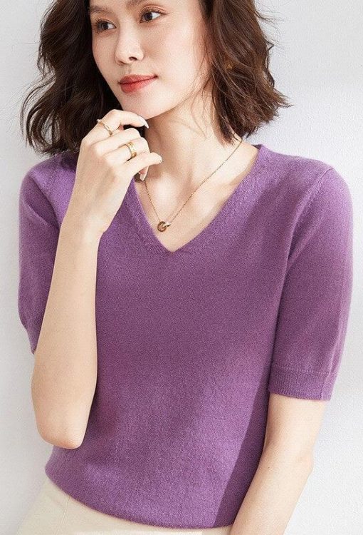 V-Neck Knit Half Sleeve Sweater | Mature Women's Basic Tops - Image 3