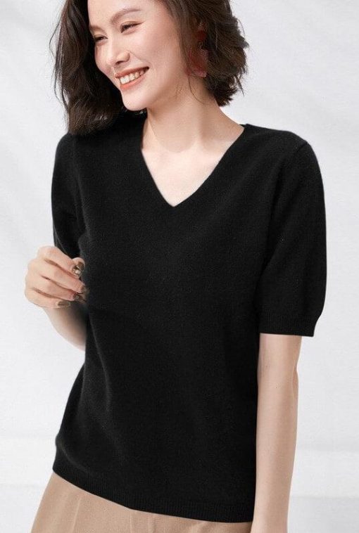 V-Neck Knit Half Sleeve Sweater | Mature Women's Basic Tops - Image 4