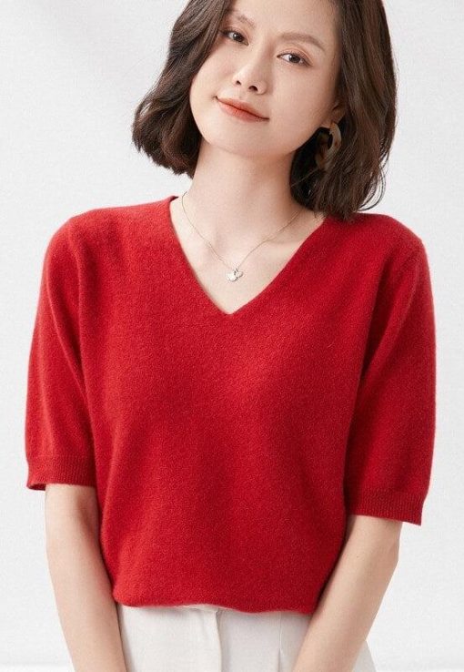 V-Neck Knit Half Sleeve Sweater | Mature Women's Basic Tops - Image 5