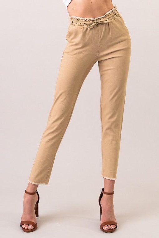 Frayed Ankle Drawstring Khaki Capris