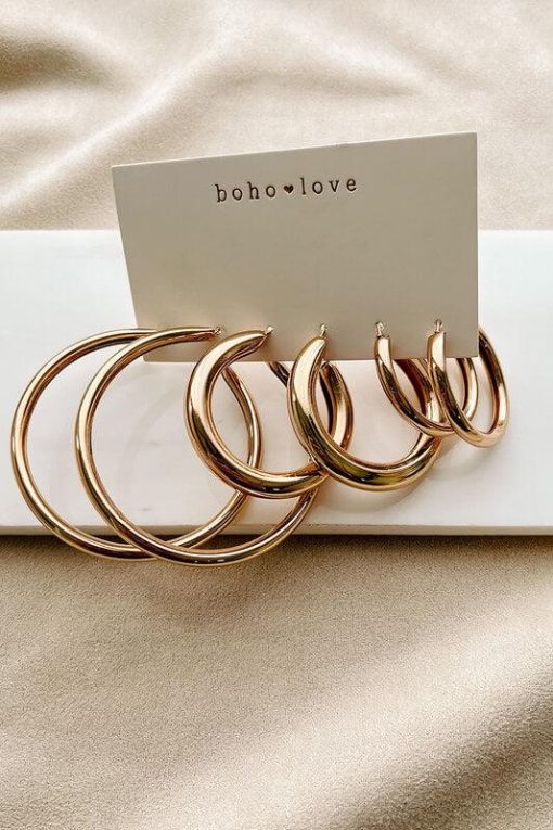 Gold Tube Hoop 3-Pair Earrings Set | Holiday Gifts for Women