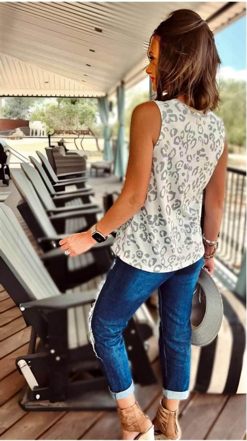 Grey Leopard Print Crew Neck Top - Image 5