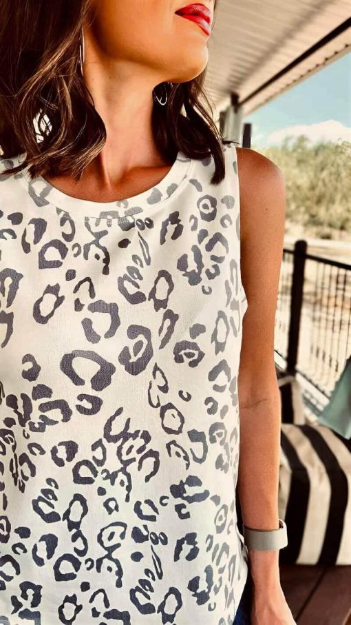 Grey Leopard Print Crew Neck Top - Image 6