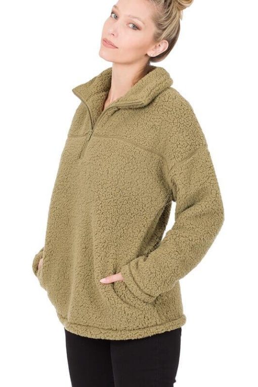 Half Zip Sherpa Pullover with Pockets - Image 4