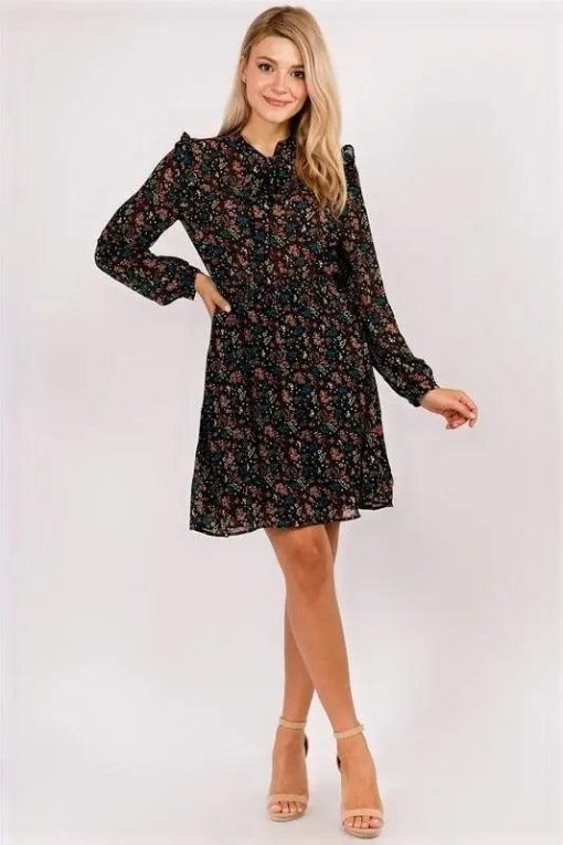 Harper Floral Ruffle Fit & Flare Tie-Neck Dress Dresses