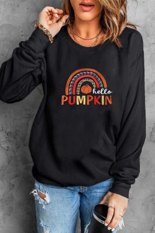 Hello Pumpkin Graphic Embroidered Sweatshirt | Fall Tops - Image 3