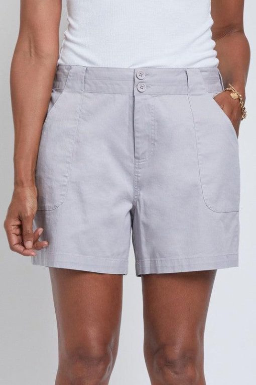 Grey Button Chino Shorts-Women's Shorts-Twill Shorts