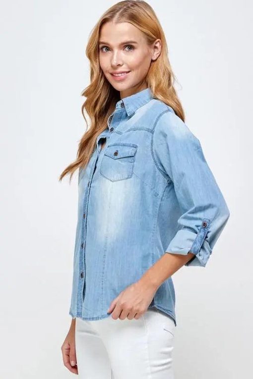 Classic Chambray Denim Shirt - Women's Long Sleeve Tops - Image 3