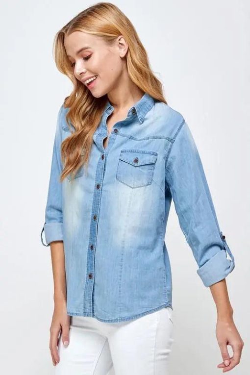 Classic Chambray Denim Shirt - Women's Long Sleeve Tops - Image 4