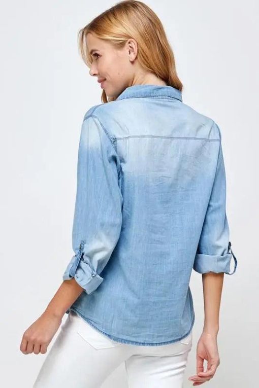 Classic Chambray Denim Shirt - Women's Long Sleeve Tops - Image 5