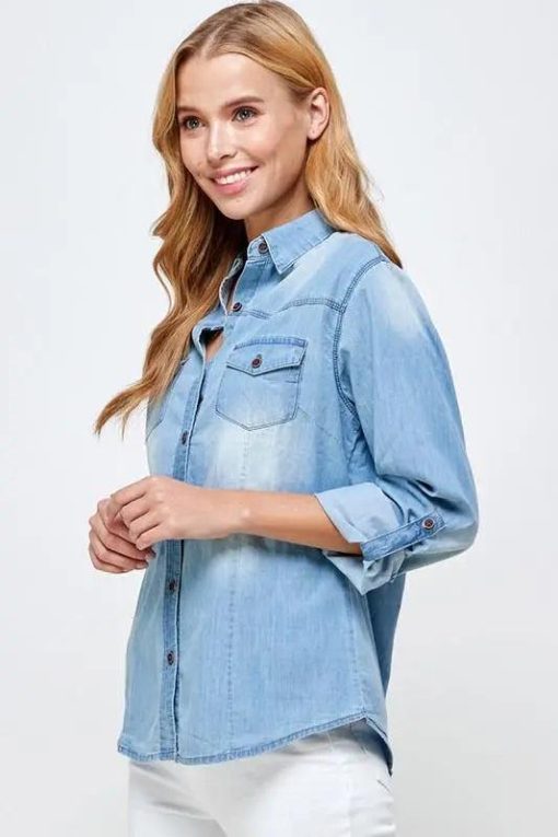 Classic Chambray Denim Shirt - Women's Long Sleeve Tops - Image 6