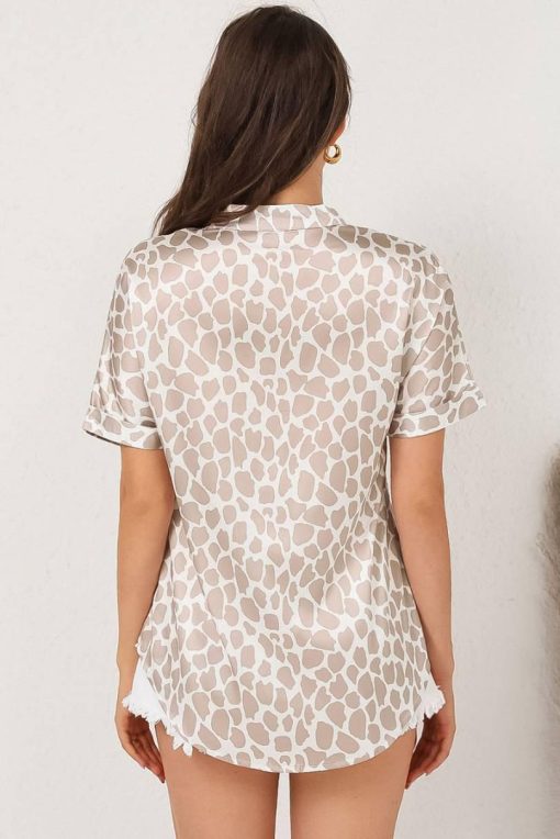 Khaki Leopard Print V-Neck Short Sleeve Blouse - Image 3