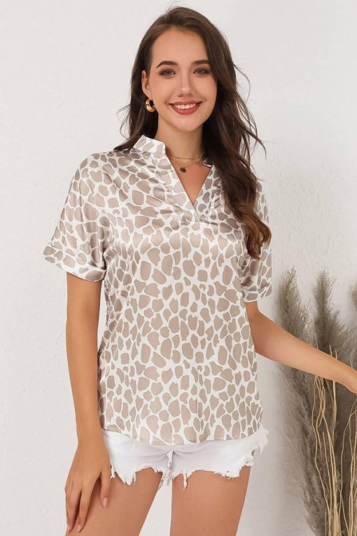 Khaki Leopard Print V-Neck Short Sleeve Blouse - Image 5