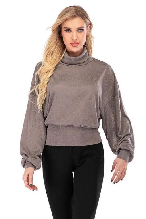 High-Neck Hip-Hugger Balloon Sleeve Sweater | Online Clothing Boutique