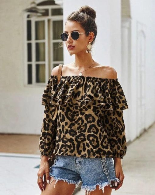 Leopard Off-Shoulder Long Sleeve Ruffle Top - Image 3