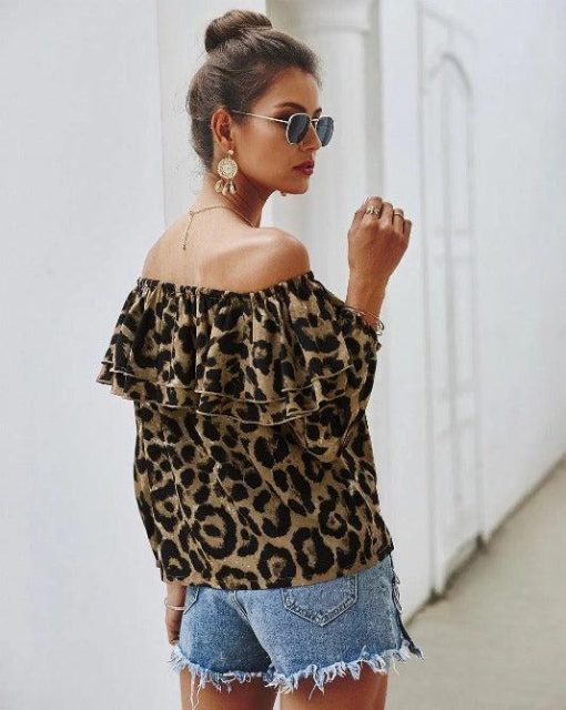 Leopard Off-Shoulder Long Sleeve Ruffle Top - Image 4