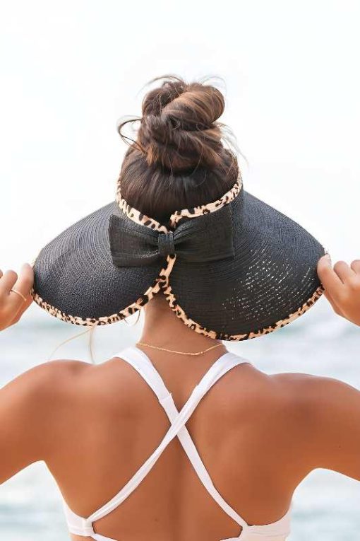 Leopard Patchwork Bow Wide Brim Straw Hat - Image 5