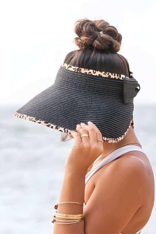 Leopard Patchwork Bow Wide Brim Straw Hat - Image 6
