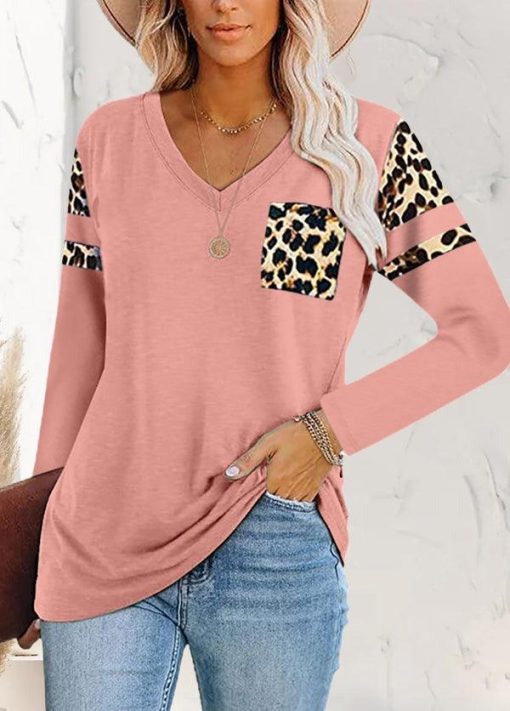 Leopard Print Pocket V-Neck Top | Animal Print Pocket Tee