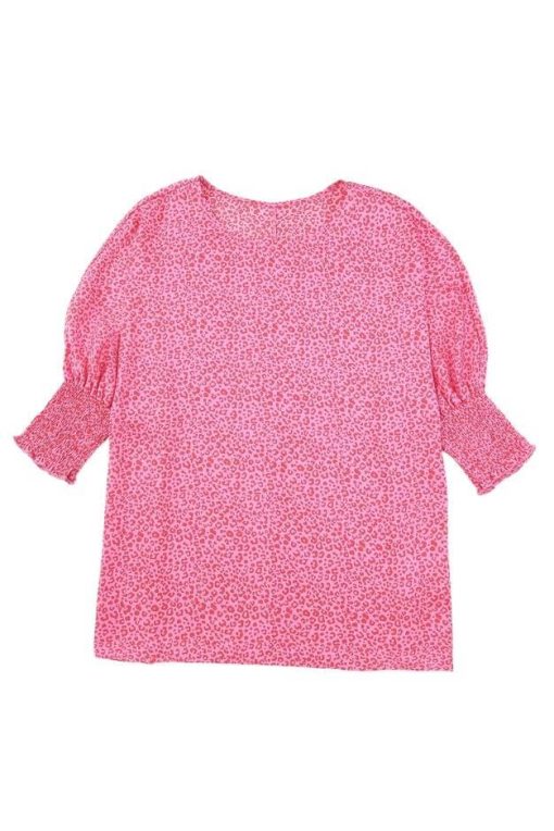 Pink Leopard Oversize Blouse | Lightweight Boatneck with Smocked Cuffs