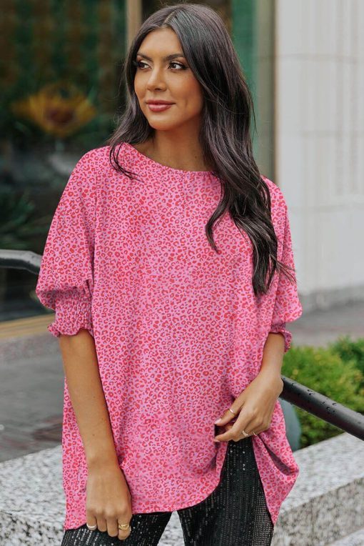 Pink Leopard Oversize Blouse | Lightweight Boatneck with Smocked Cuffs - Image 4