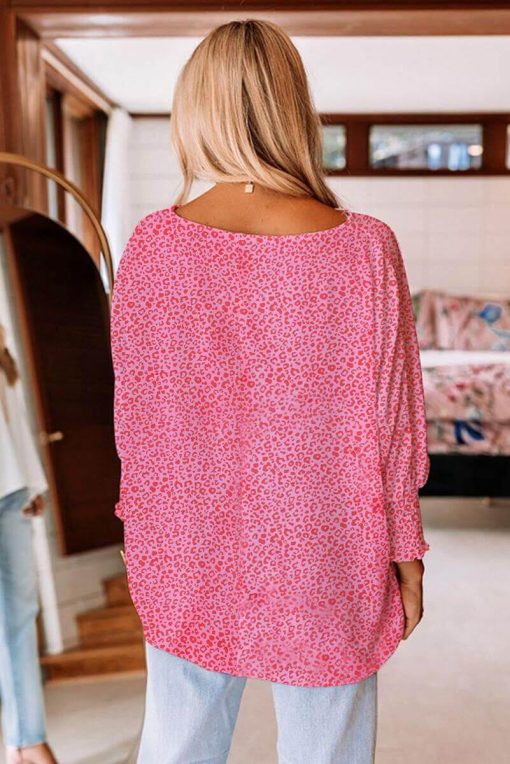 Pink Leopard Oversize Blouse | Lightweight Boatneck with Smocked Cuffs - Image 5