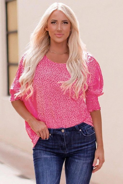 Pink Leopard Oversize Blouse | Lightweight Boatneck with Smocked Cuffs - Image 6