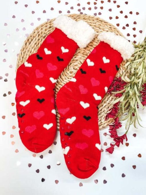 Love You Heart Sherpa Socks in Red - Image 5
