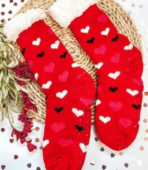 Love You Heart Sherpa Socks in Red - Image 6