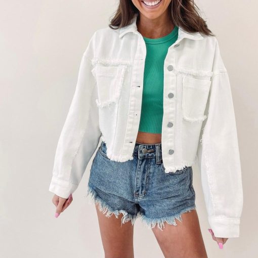 White Frayed Denim Jacket - Image 3