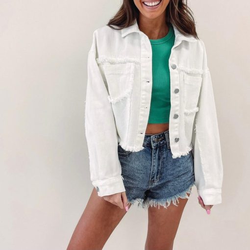 White Frayed Denim Jacket - Image 4