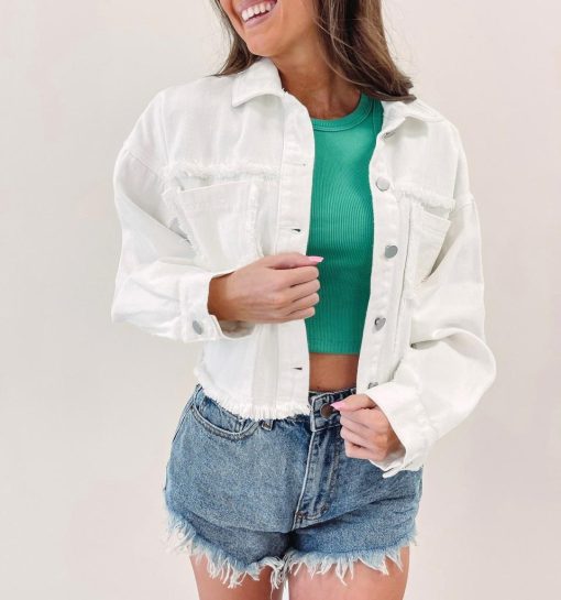 White Frayed Denim Jacket - Image 6