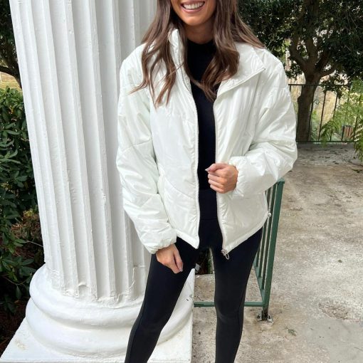 White Liquid Leather Puffer Jacket - Image 3