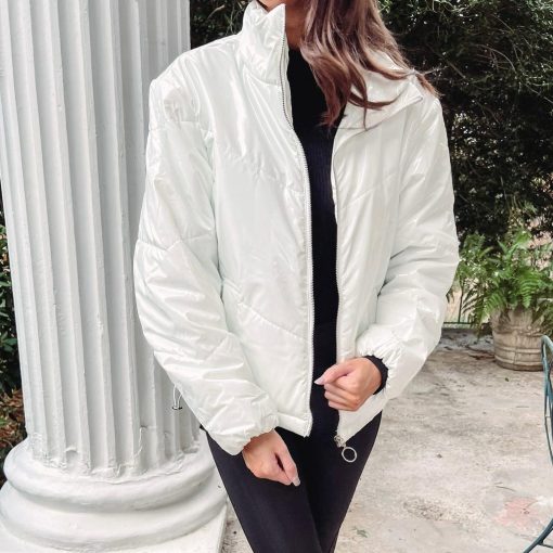White Liquid Leather Puffer Jacket - Image 4