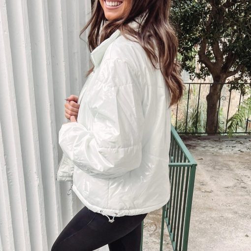 White Liquid Leather Puffer Jacket - Image 5