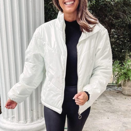 White Liquid Leather Puffer Jacket - Image 6