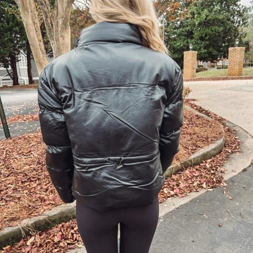 Black Leather Puffer Jacket - Image 6