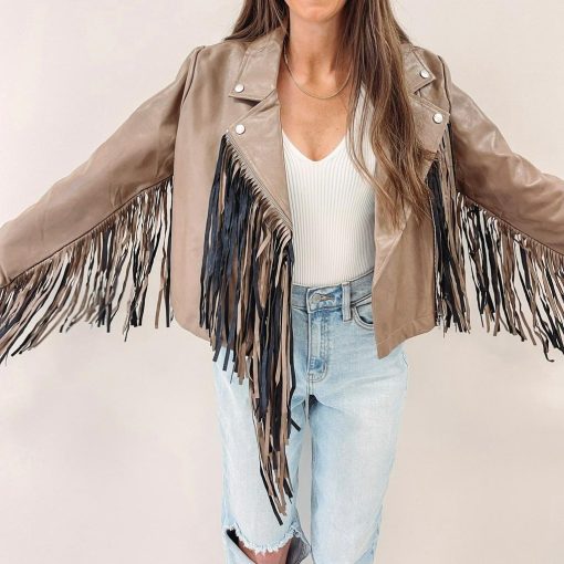 Brown Fringe Faux Leather Jacket - Image 3
