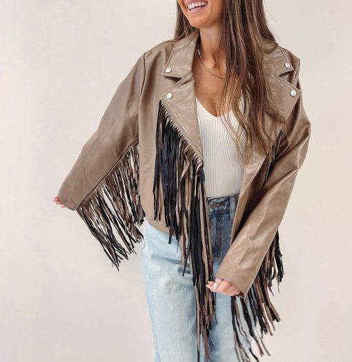 Brown Fringe Faux Leather Jacket - Image 4