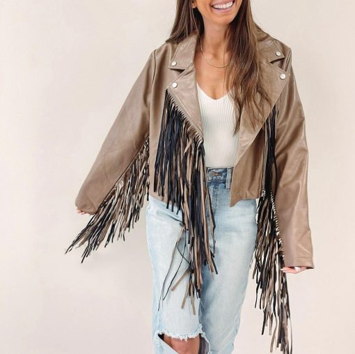 Brown Fringe Faux Leather Jacket - Image 5