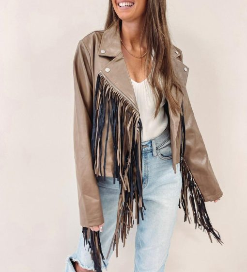 Brown Fringe Faux Leather Jacket - Image 6