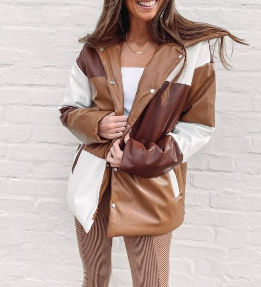 Color Block Brown Puffer Jacket - Image 6